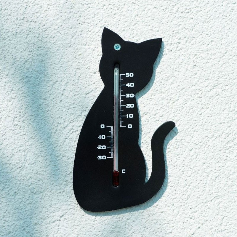 Nature - Kunststof wandthermometer - Zwarte kat - H 15 X 9,5 X 0,3 cm