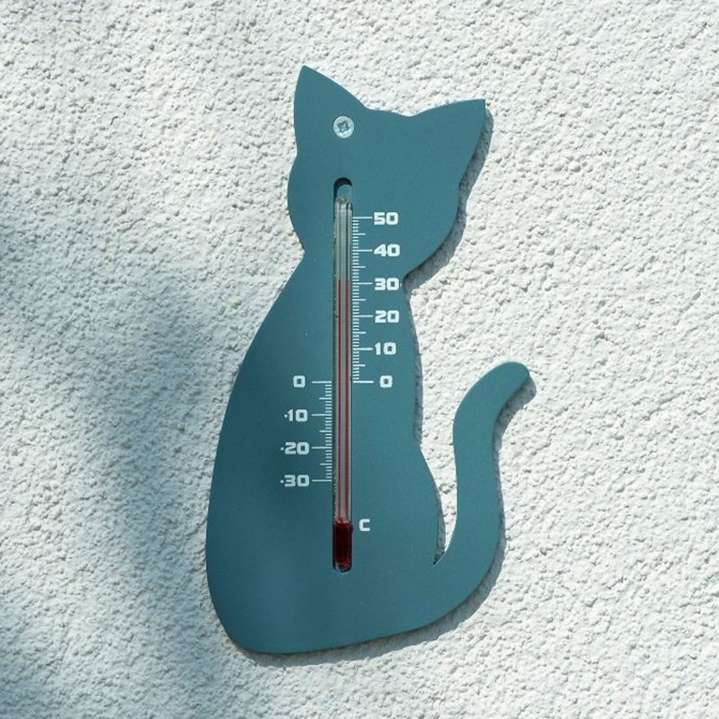 Nature - Wandthermometer für den Außenbereich aus Kunststoff - Graue Katze - H 15 X 9.5 X 0.3 cm