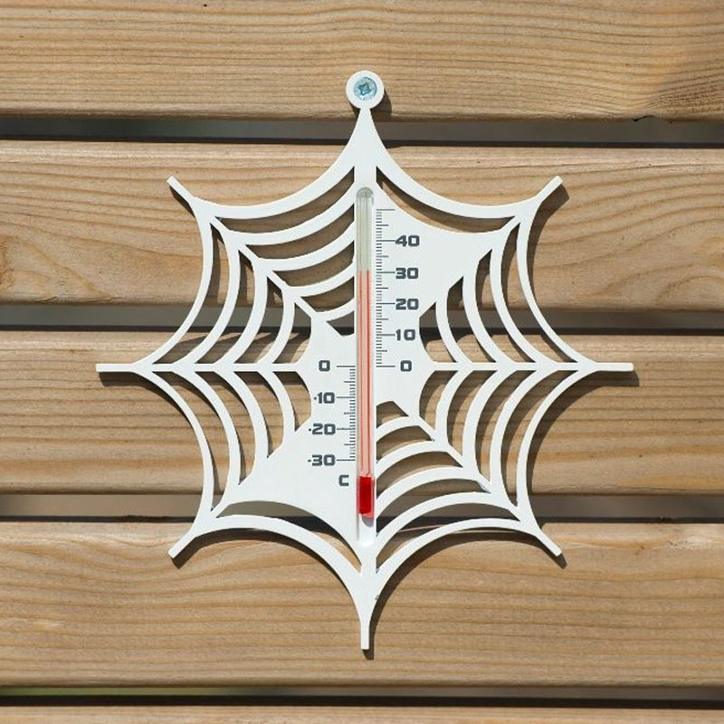 Nature - Kunststof wandthermometer - Spinnenweb - Wit - H 15 X 14 X 0,3 cm