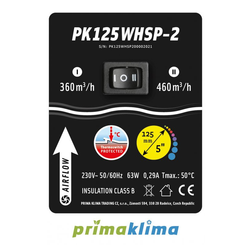 PRIMA KLIMA SILENT PK125 WHSP 2 SPEED 360/460M3/H